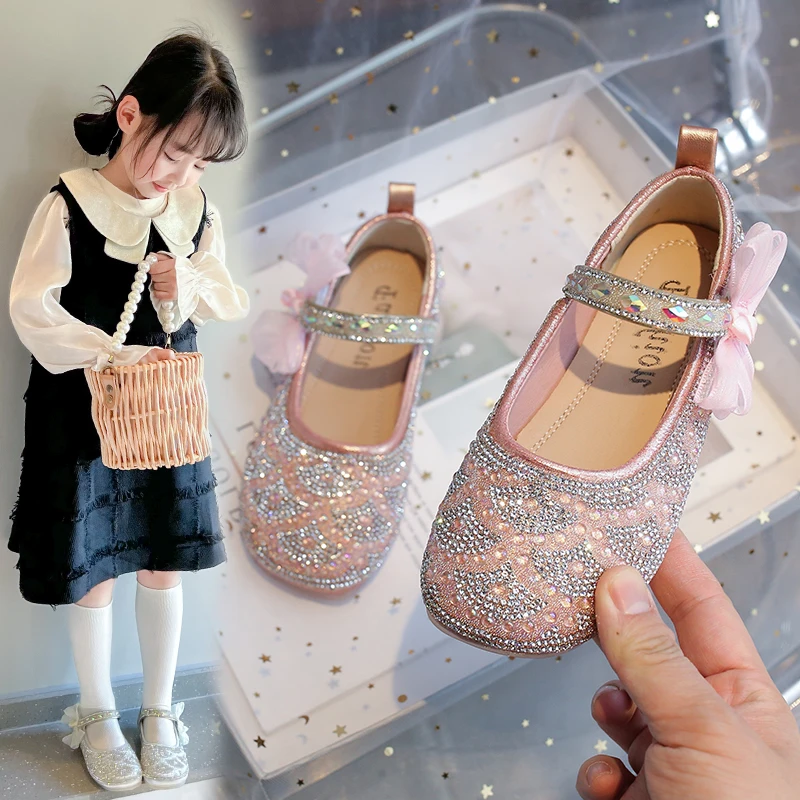 Girls Mary Jane Shoes Silver Thin Glitter Drill Girls Small Leather Shoes Pink Flat Non-slip Kids Princess Single Shoes Sandals