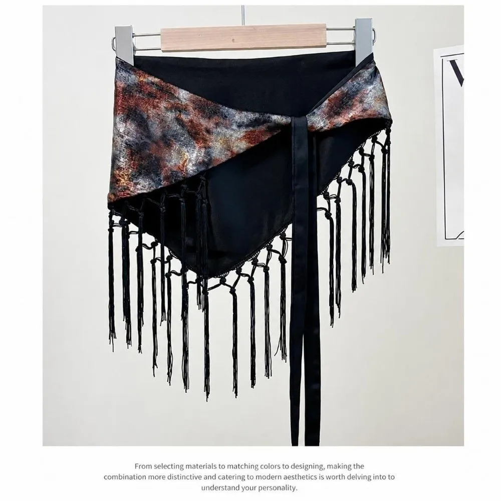 Trendy Leopard Print Triangle Hip Scarf Self-tie Tie Dye Tassel Fringe Wrap Fringed Edge Waist Wrap Skirt Streetwear Style