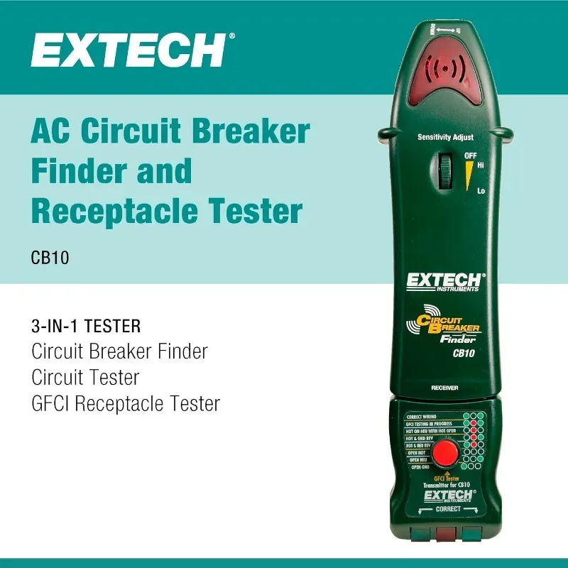 CB10 Circuit Breaker Finder, Locates fuses/breakers, Tests receptacles and GFCI circuits, Green,Red