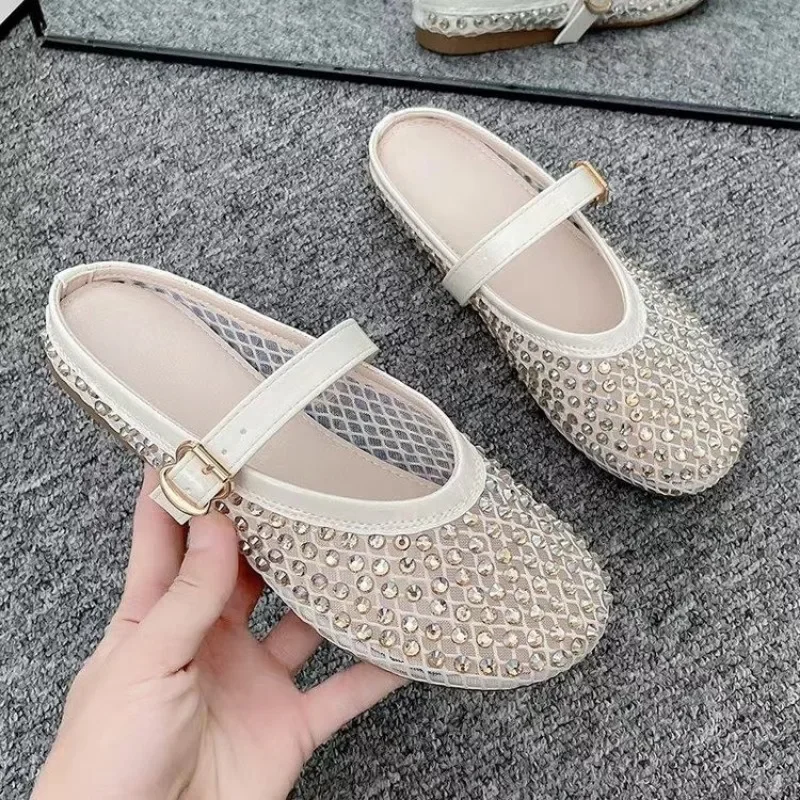 

Summer Women's Slippers New Mesh Cloth Rhinestone Baotou Half Drag Leisure Comfortable Lightweight Breathable Soft Soled Sandals