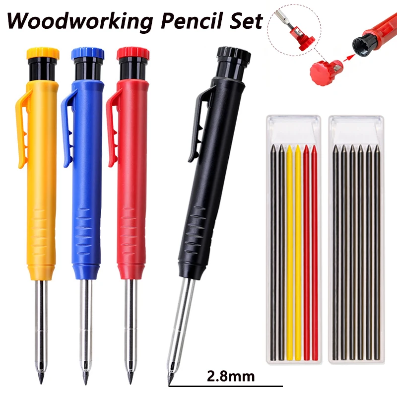 2.8mm Long Headed Solid Carpenter Mechanical Pencil Set With Refill Leads, for Deep Hole Woodworking Architectural Marking Tool