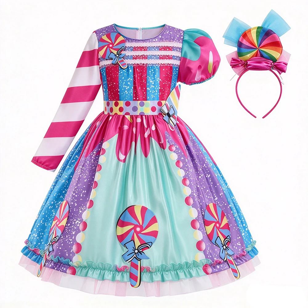 2026 Kinder Purim Verkleidung Regenbogen-Süßigkeitenkleid mit Stirnband Lollipop Cosplay Kostüm Kinderkleid Geburtstag Karneval Party Geschenk – Detail 5