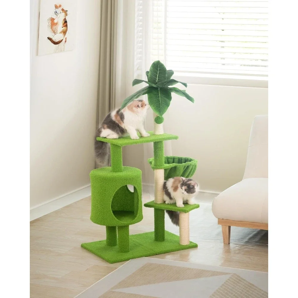 Tree for Cats Cozy Condo and Hammock, Cat Tower, Green Leaves Hanging Ball with Bell, Kittens Pet, Free Shipping, 38in