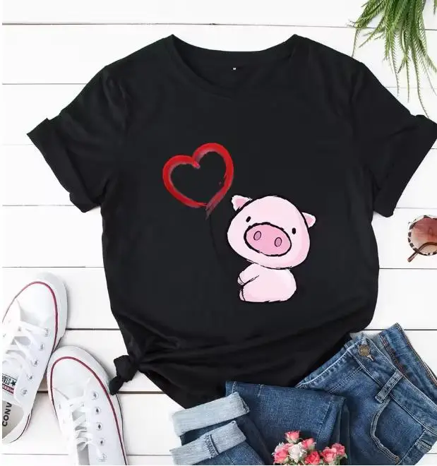 Women Cute Pig T Shirt Hand Drawn Pink Pig With Red Heart Balloon Graphic Casual Short Sleeve White Tee Tops