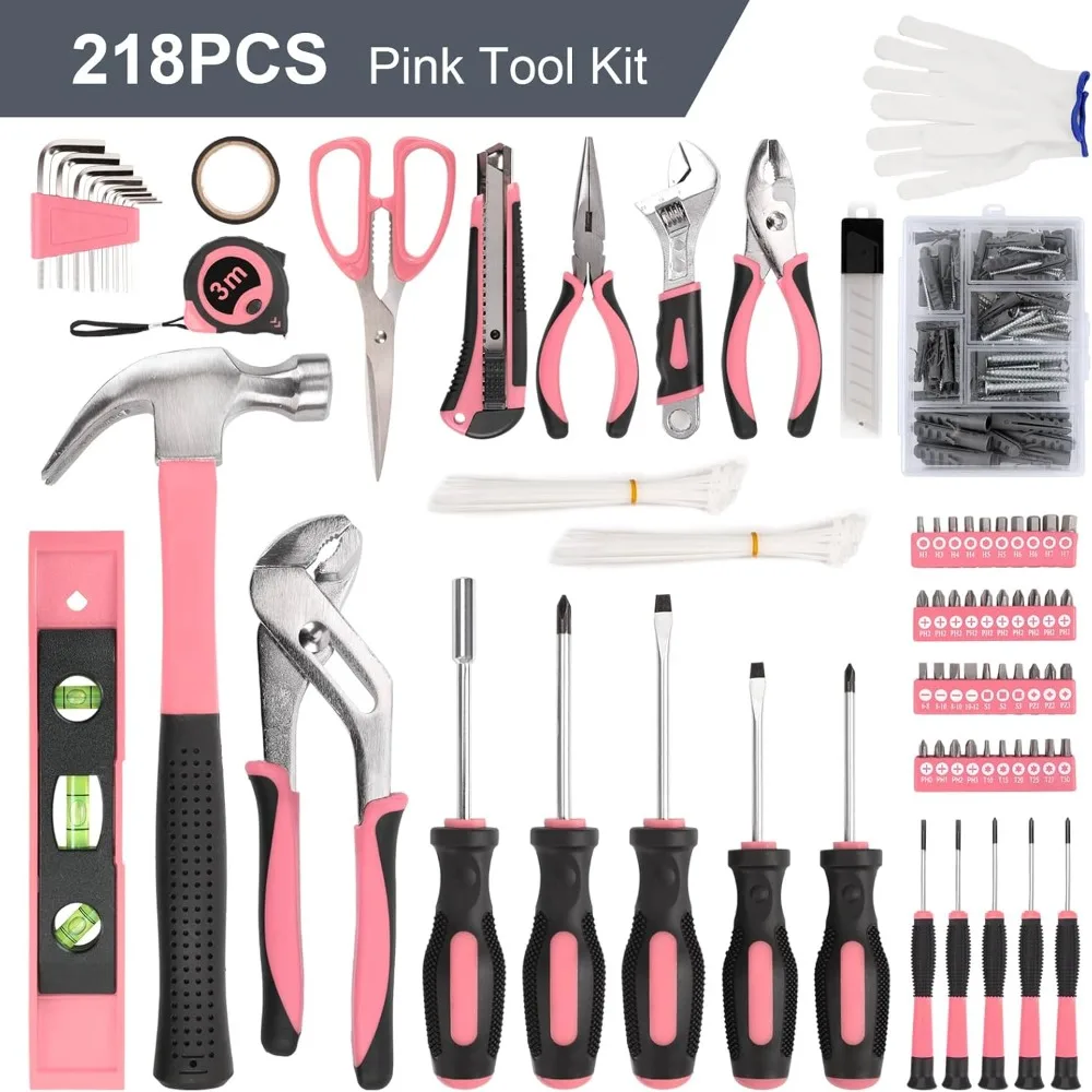 218 Pcs Pink Home Tool Kit, Basic Household Hand Tool Set with Bag, Ladies Hand Tool Kit Women Home