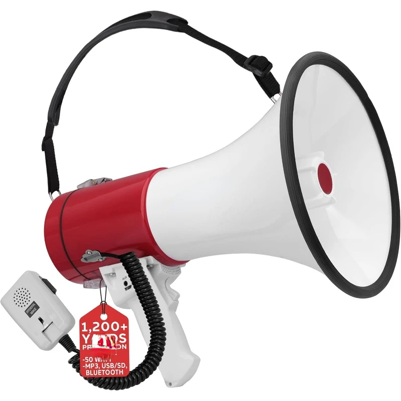 

Portable Megaphone Speaker PA Bullhorn-Built-in Siren, 50W Adjustable Volume Control &1200 Yard Range-Ideal for Any Outdoor S