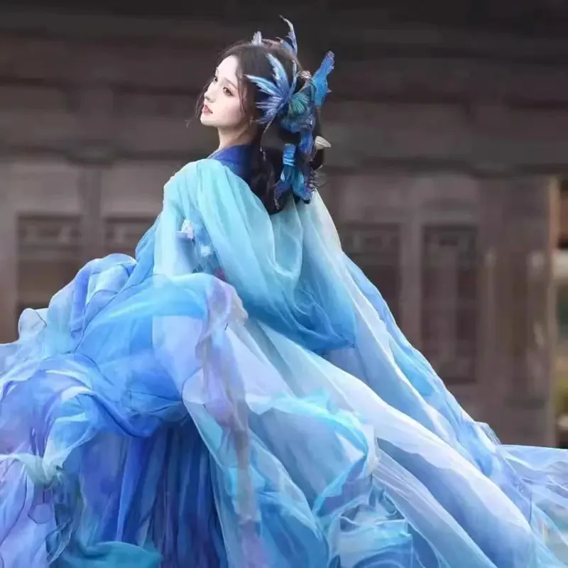 Cy[Blue Flash Butterfly]Zisong Hanfu Women's Super Immortal Heavy Industry Embroidery Big Sleeve Improved Strap Skirt National