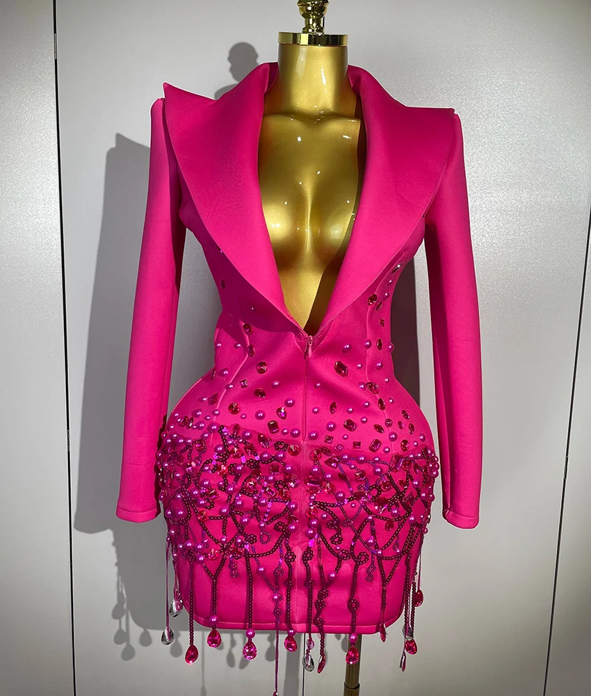 

Customized Exquisite Jersey Straight Sequined Beading Pearls Crystal Evening Dress High Quality V-Neck Long Sleeves Prom Gowns