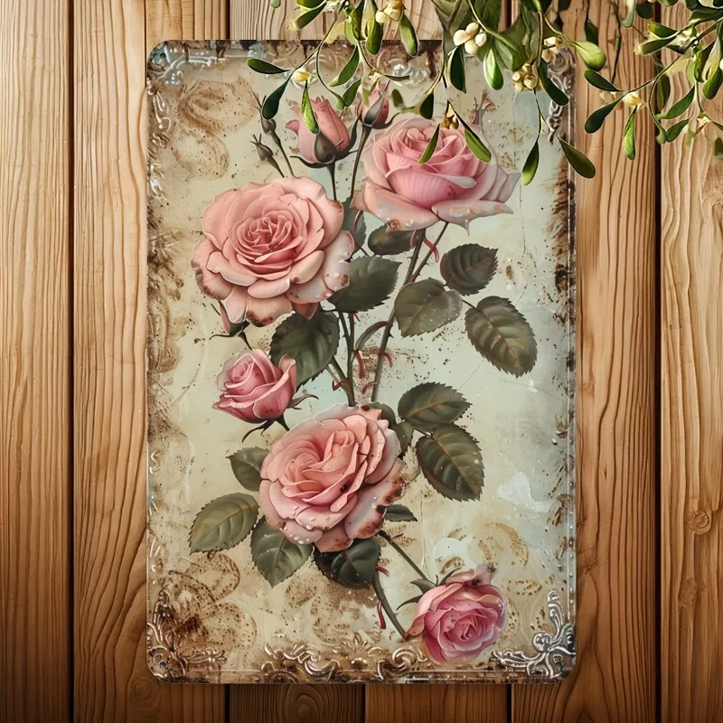 Vintage Floral Metal Tin 8x12 Inch Rustic Rose Wall Art Iron Structure Family Friendly Restaurant Bar Cafe Garage Decor