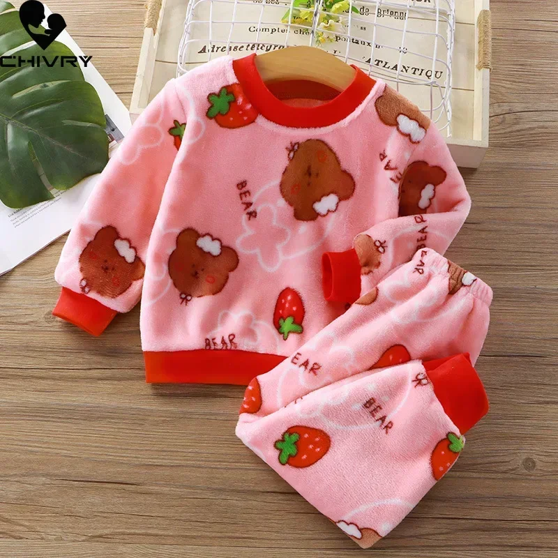 New Autumn Winter Kids Thicken Warm Flannel Pajamas Sets Baby Boys Girls Cartoon Long Sleeve O-neck Sleepwear Clothing Pyjamas