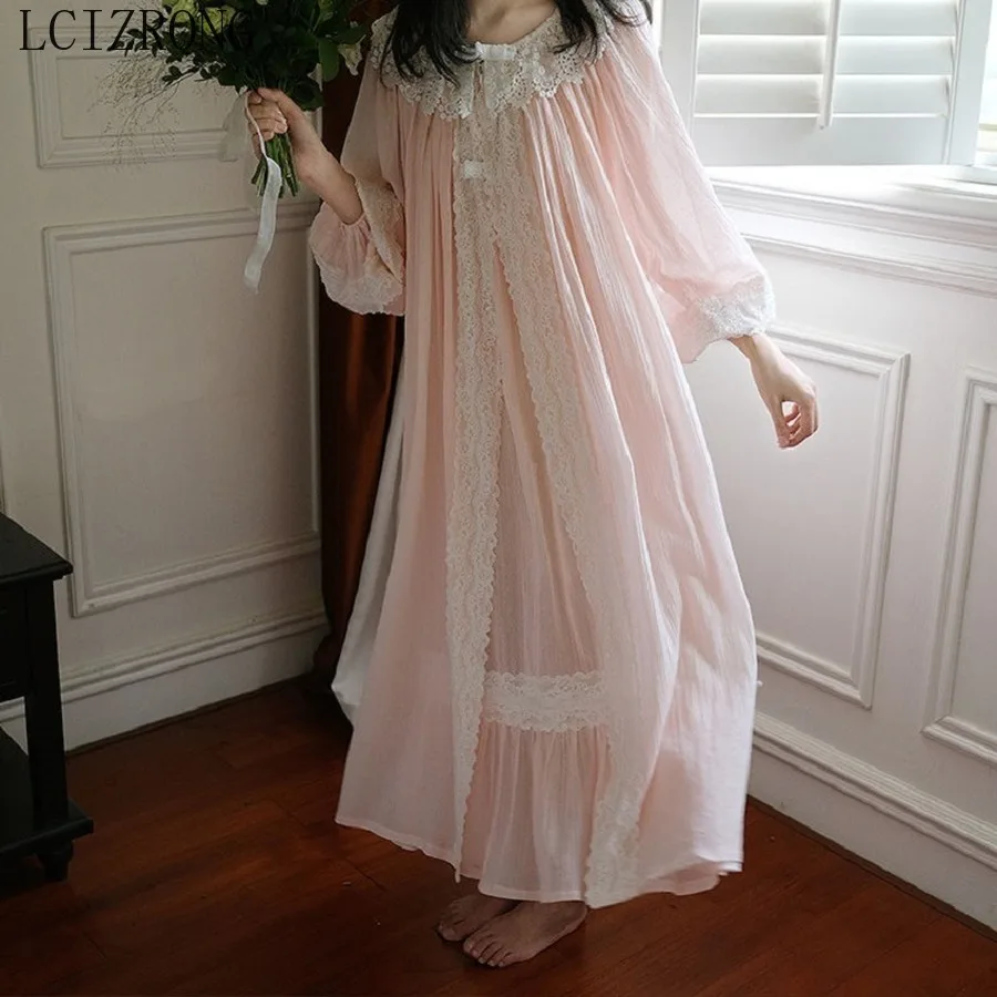 Vintage Cotton Women\'s Robe Sets Two-piece Lace Retro Princess Long Sleepwear Girl Retro Nightwear Female Home Wear Plus Size