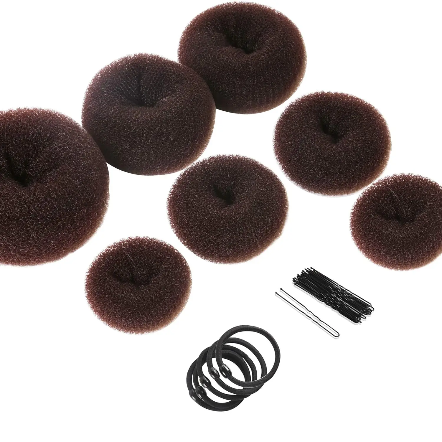 

7-Piece Donut Hair Bun Maker Set - Extra Large to Small, Dark Brown, with Bands & Pins