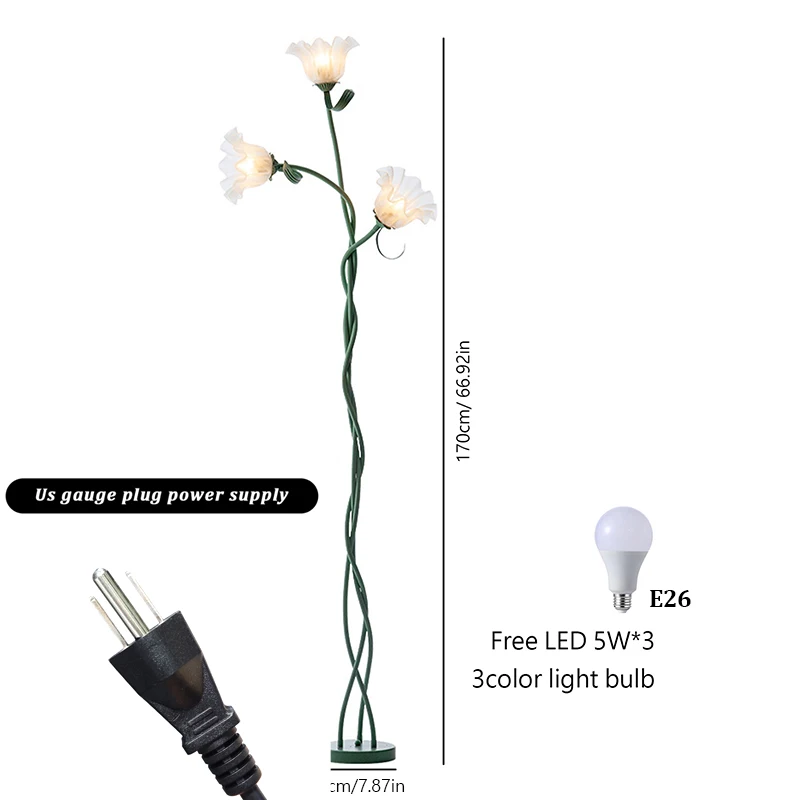 French 3 Head White Acrylic Lily LED Dimmable Floor Lamp Foot Switch Restaurant Study Kitchen Living Room Bedroom Standing Light