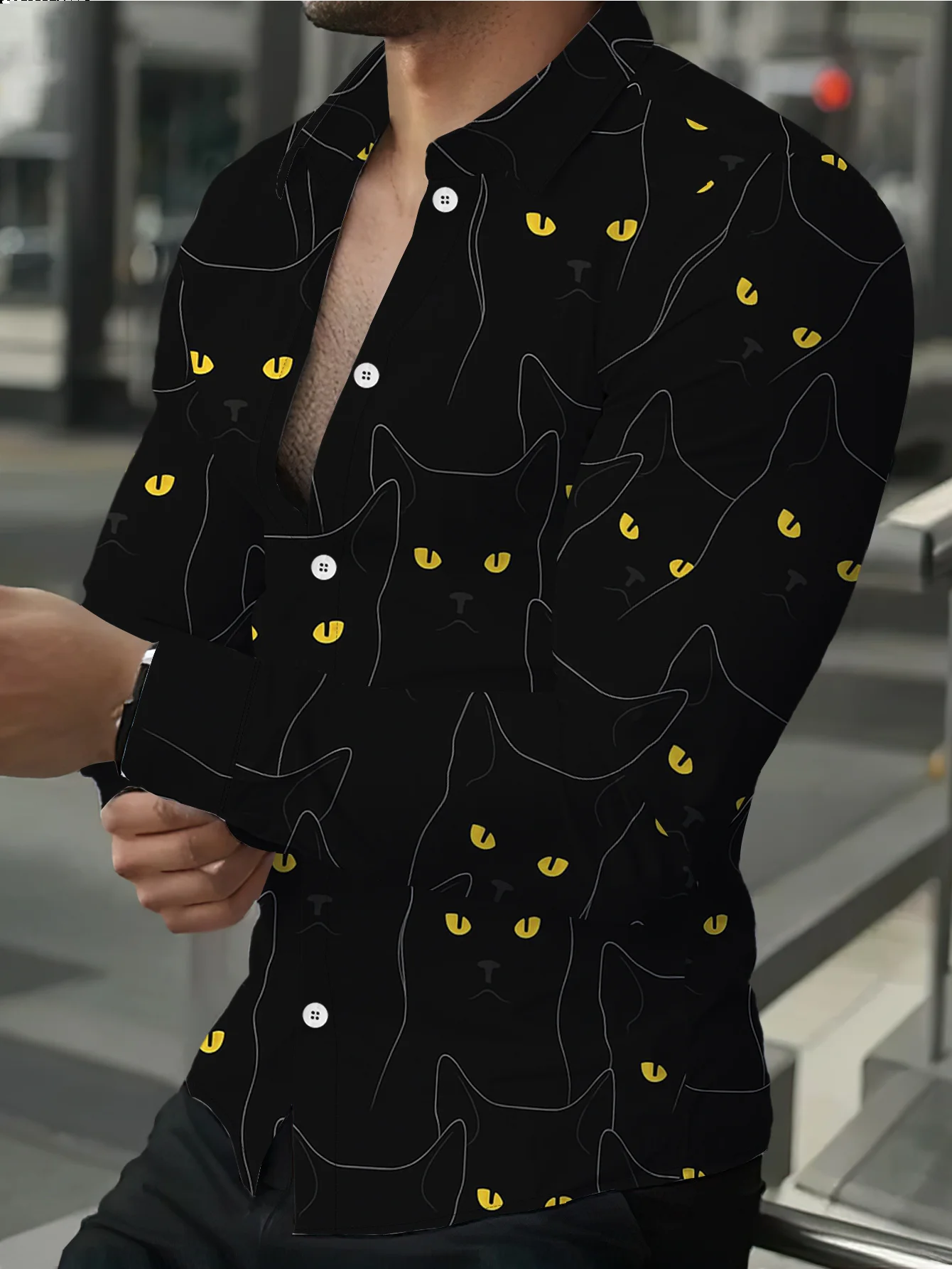 Men Long-Sleeve Button-Down Shirt Black Cat Yellow Eyes Outline Print Polyester Lapel Collar Party Casual Top