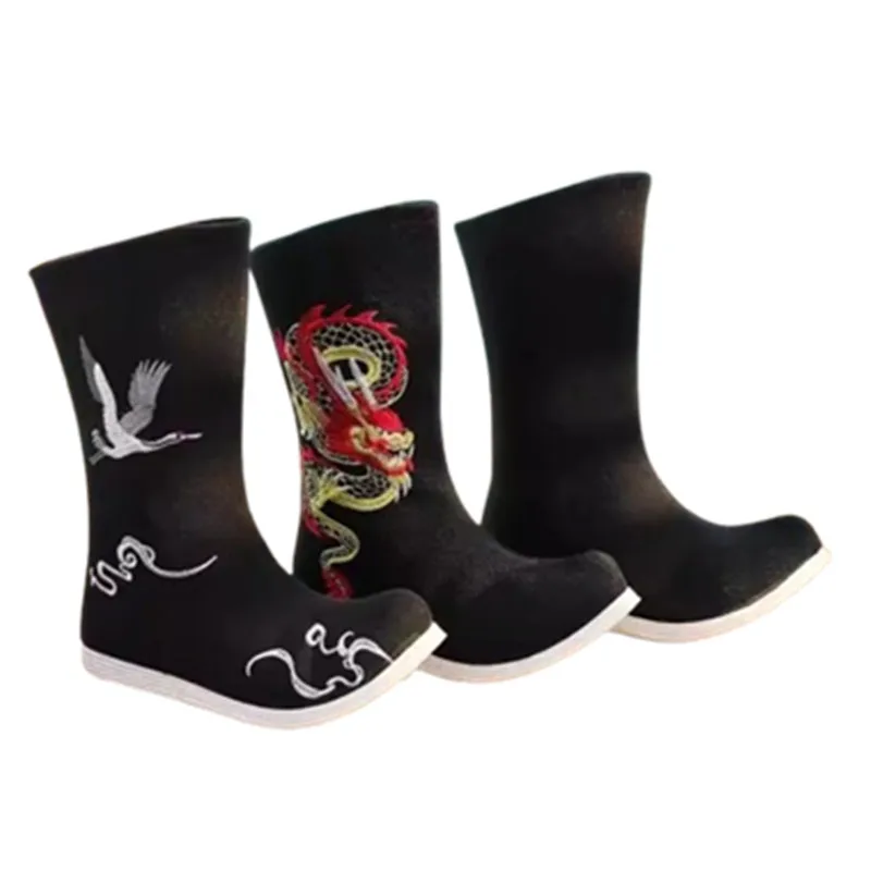 Black Waterproof Chinese Hanfu Boots Ancient Kung Fu Shoes Old Dynasty Warrior Cosplay Qiaotou Boots Unisex