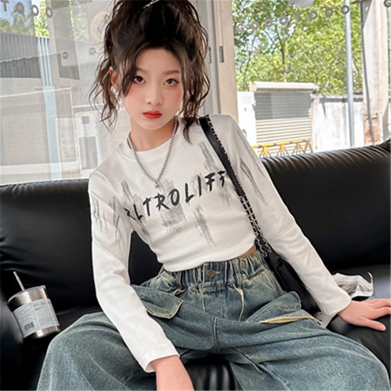 Children's Clothing Long Sleeve Casual T-Shirt for Kids Girls Cotton Tees Tops Baby Letter Print Tshirt 5 6 7 8 9 10 11 12 13 14 image 3