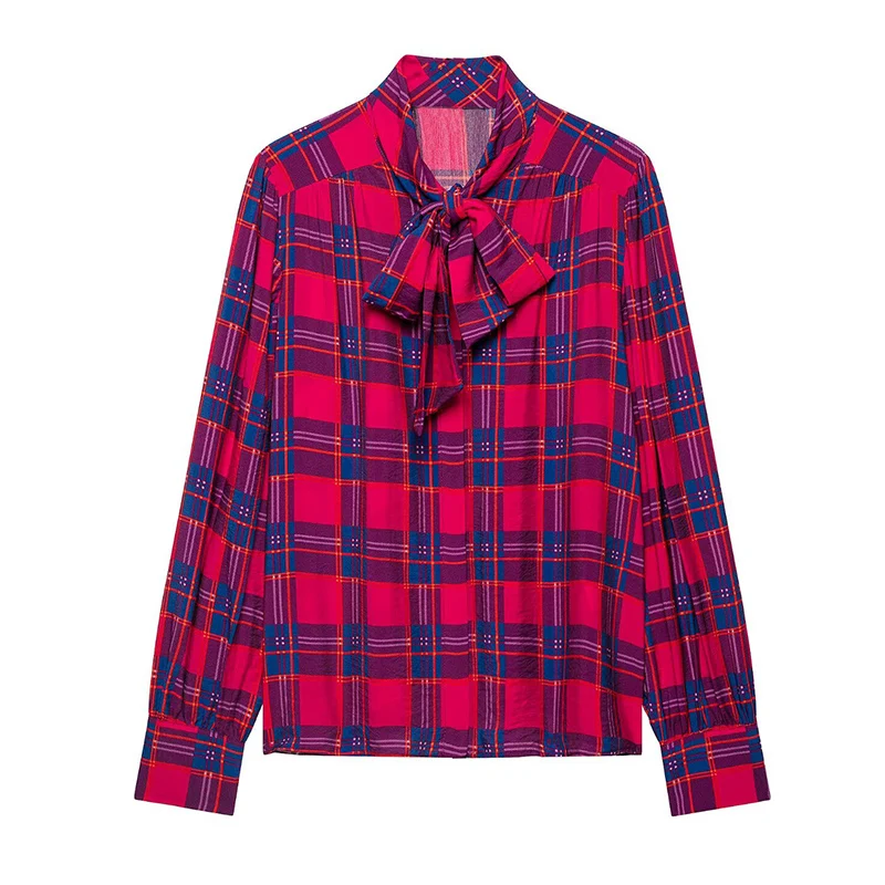 Women's Shirt 2026 New Autumn Winter Long Sleeve Bow Plaid Shirt for Women Casual Chic Personality Female Shirt