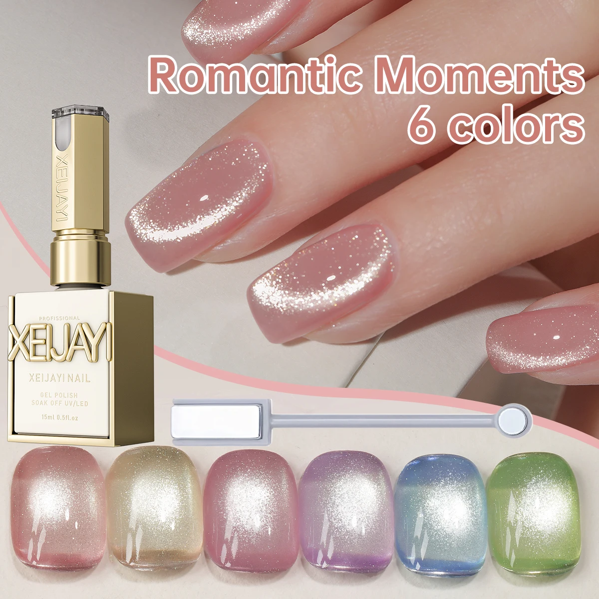 

XEIJAYI 6pcs 15ml Romantic Moments Cat Eye Nail Gel Polish, Semi Permanent Nail Art Soaking UV LED Nail Salon DIY Nail Salon