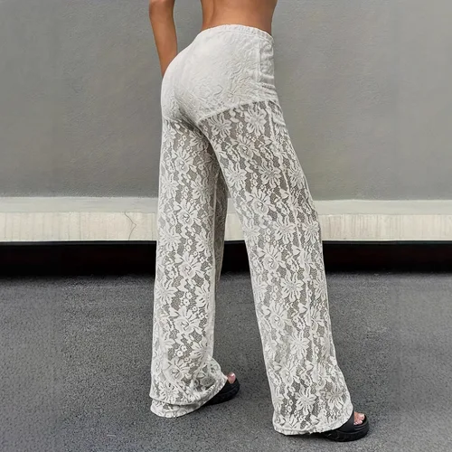 Imagen 2 del producto 2025 nueva colección de cintura versátil de moda y Sexy encaje Jacquard Micro transparente pierna recta pantalones casuales pantalones largos