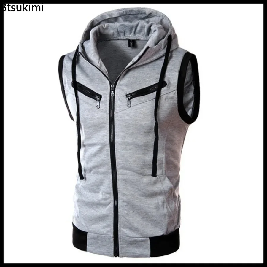 2024 Men\'s Sleeveless Hoodies Fashion Casual Zipper Hooded Sweatshirt Men Bodybuilding Tank Top Sporting Shirt Waistcoat Vest