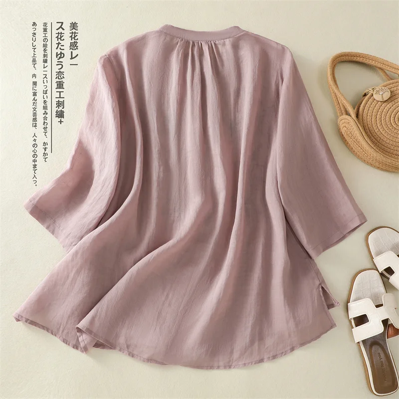 文学花刺繍サマーブラウス 2025 新しい女性シングルブレストコットンリネントップスルーズ半袖ルーズシャツ女性