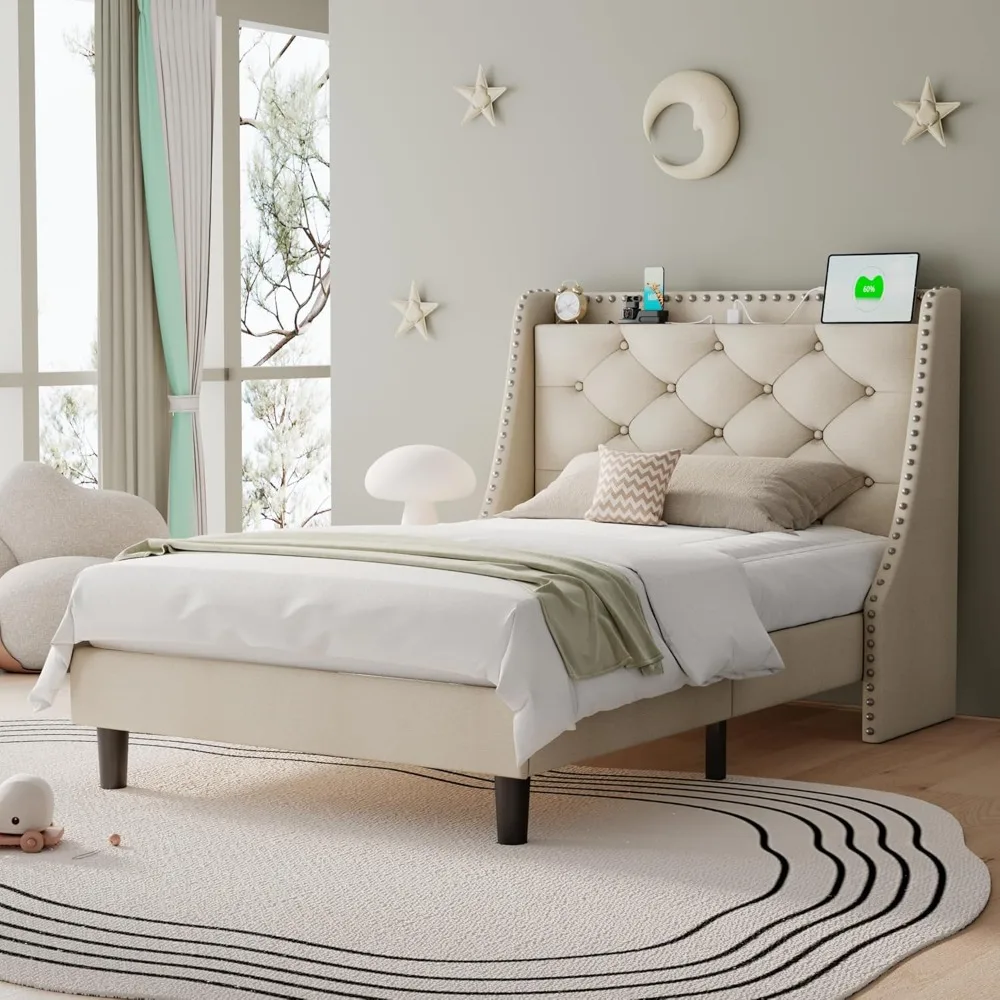 

Twin Size Bed Frame with Wingback Button Tufted Storage Headboard and Type AC Ports, Upholstered Platform Bed, Heavy Duty Slats