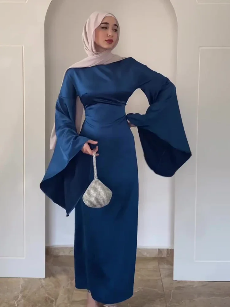 Eid Muslim Abaya Dress Women Satin Flare Sleeve Jalabiya Party Dresses Ramadan Kaftan Islam Vestido Arab Long Robe Morocco Dubai