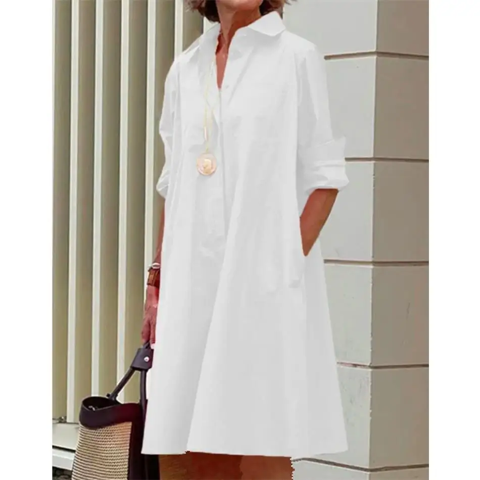 Vestido Csa F de Manga Longa Casual Ajuste Solto em Tecido Modal Moda Fena para a Primavera Espura Regular