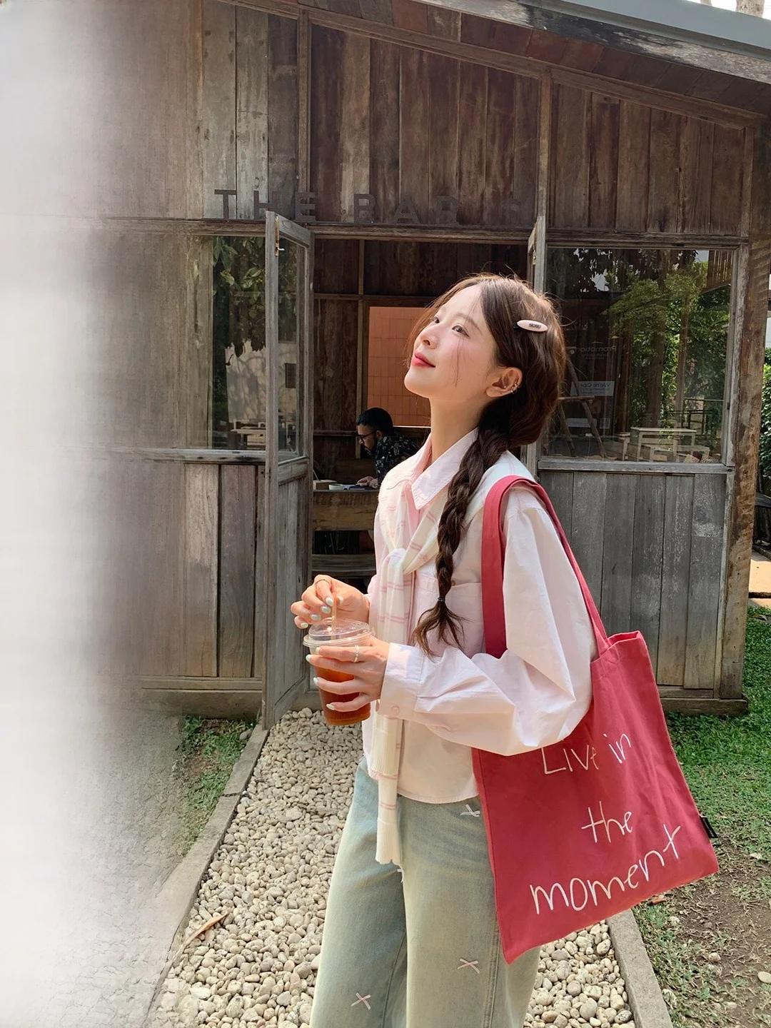 

Loose Casual Striped awl Collar Long Sve irt Korean Sle Breathable Cotton Women's Faion Spring 2026 Date Wear