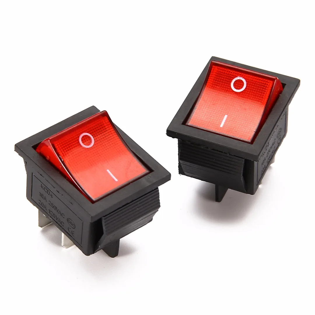 5pcs 2 Position Red Light Rocker Switch 16A/250V KCD4-20 4 Pin ON/OFF Toggle Switches 35 x 25.5 x 10mm