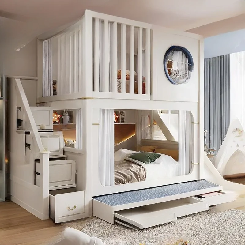 Modern High And Low Kids Bed With Ladder Cabinet Safety Fence Bunk Bed  Multifunctional Solid Wood Children Bed For Boy And Girl