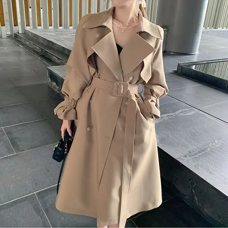 Women High-end Khaki Trench Coat Spring Autumn New Ladies Cloak Wear A Belt Satin Fabric Lined Trench Coat Female Windbreakers