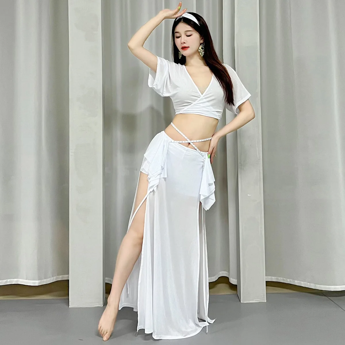 Summer Hot Sale Hight Quality Women Girls Practice Costume Mesh Straight Sleeve Belly Dance Set