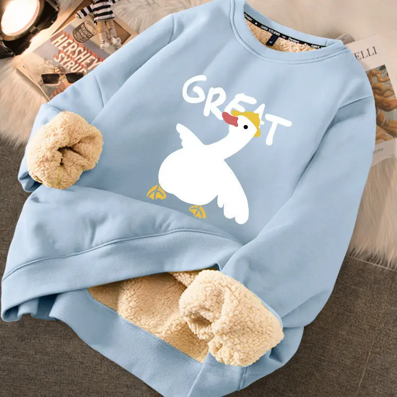 Autumn Winter Women Lambswool Thicken Thermal Sweatshirts Printed Cute Fleece Warm Hoodies Women Casual Loose Sweatshirts