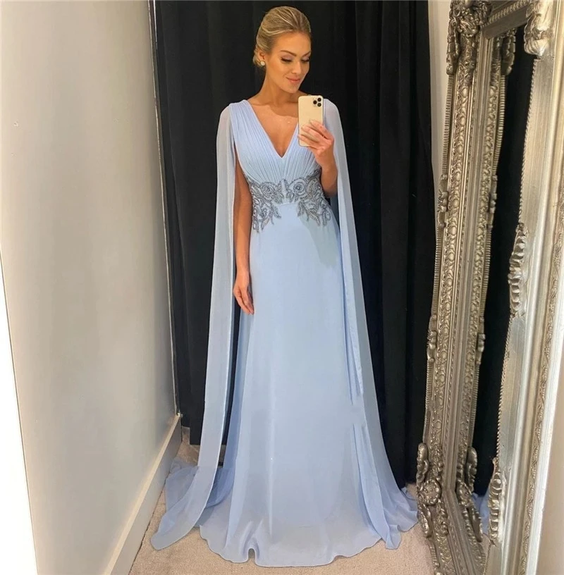 ANGELSBRIDEP Light Blue Chiffon Evening Party Gowns Long Cape Sleeves V Neck Lace Applique Floor Length Prom For Women HOT