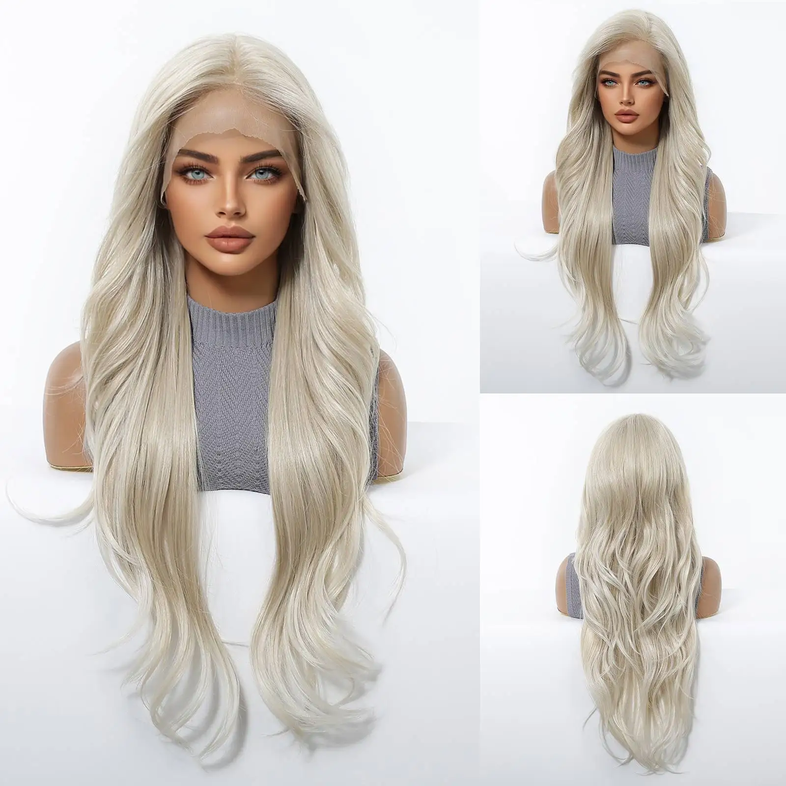 13x6 HD Transparent Lace Front Wig Long Wavy Platinum Blonde Synthetic Wigs for Women Glueless Pre Plucked Natural Hairline