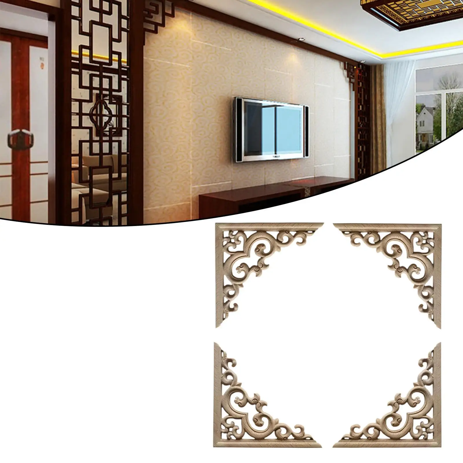 Unpainted DIY Retro Wooden Corner Carving Decals Rubberwood Onlay for Furniture and Home Decor