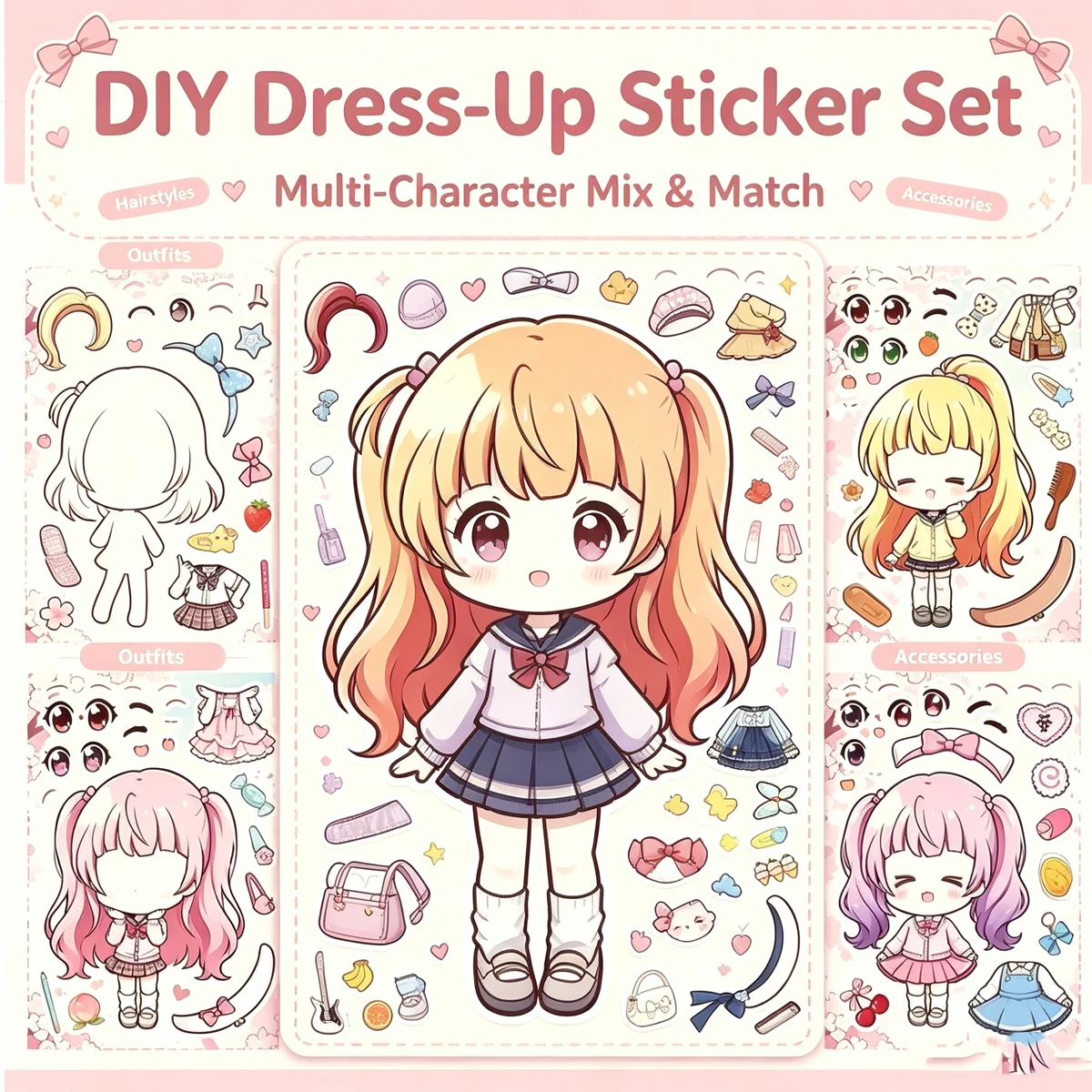 Cute Anime Girl Dress up Stickers,Sheets Cartoon Character Changing Clothes Decals for Kids DIY Scrapbook Journal Handmade