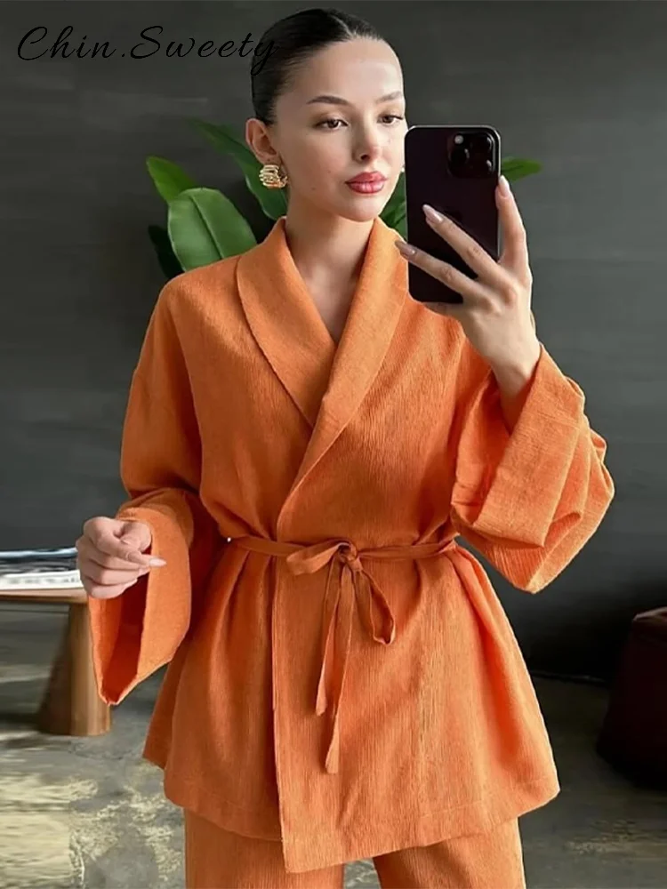

Casual Lace Up Shirt Trousers Set Women V-neck Full Sleeve Shirts High Waist Wide Leg Straight Pants 2025 Summer Lady Chic Suits