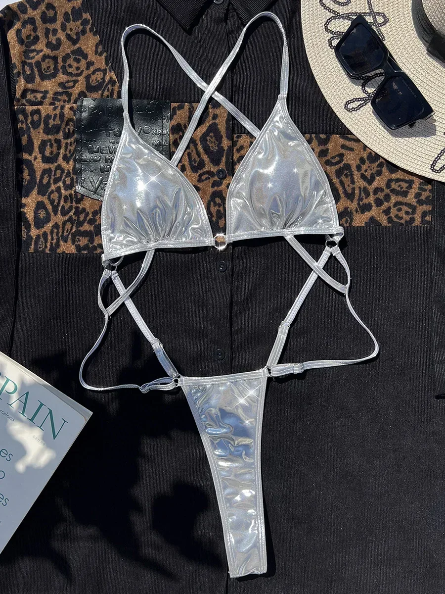 Shiny PU Leather Extreme Mini String Thong Monokini Backless Women Swimwear One Piece Swimsuit Female High Cut Bathing Suit Swim