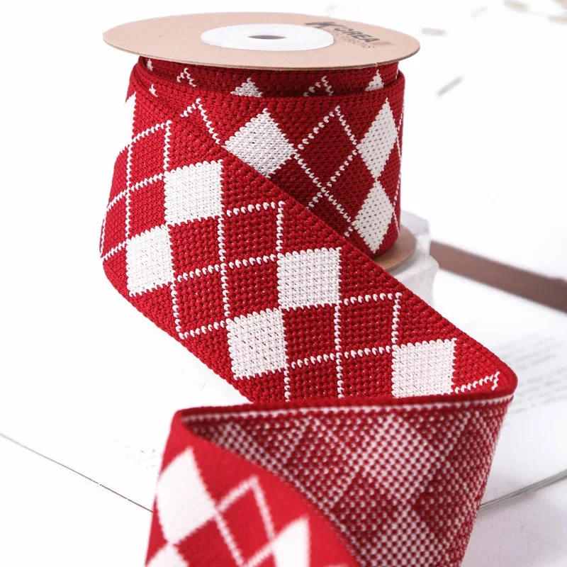 Woven Diamond Checked Pattern Ribbon 50Yards Headwear Crafts Hair Bows Clips Collar Tie Sewing Accessories Winter Knitted Trim