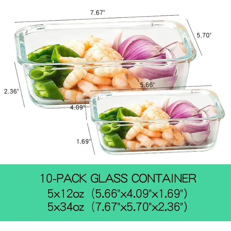 10 Pack Glass Food Storage Containers with Lids Leakproof, Airtight Meal Prep For Lunch, On The Go, Leftover, Dishwasher Safe