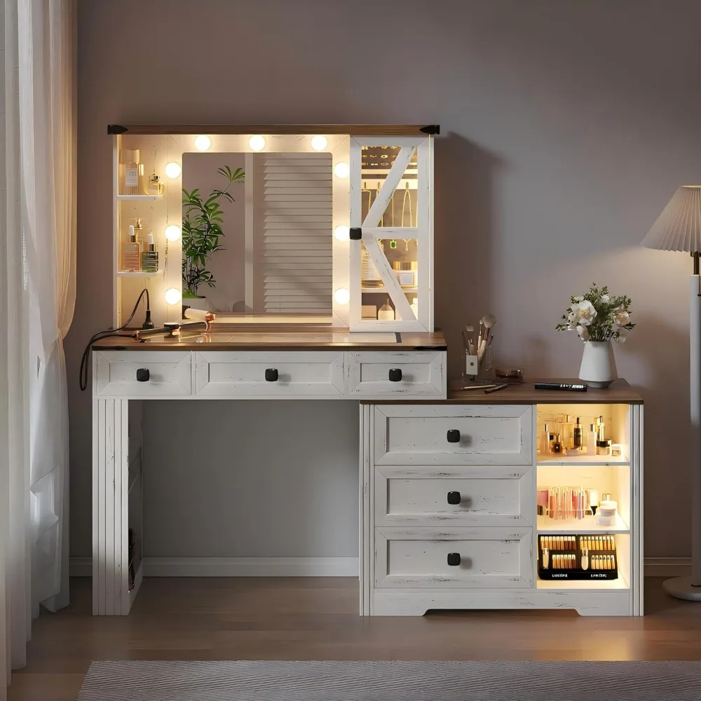 

Make-up table with mirror and light, with 6 drawers/large storage, 3 colors with adjustable lighting brightness