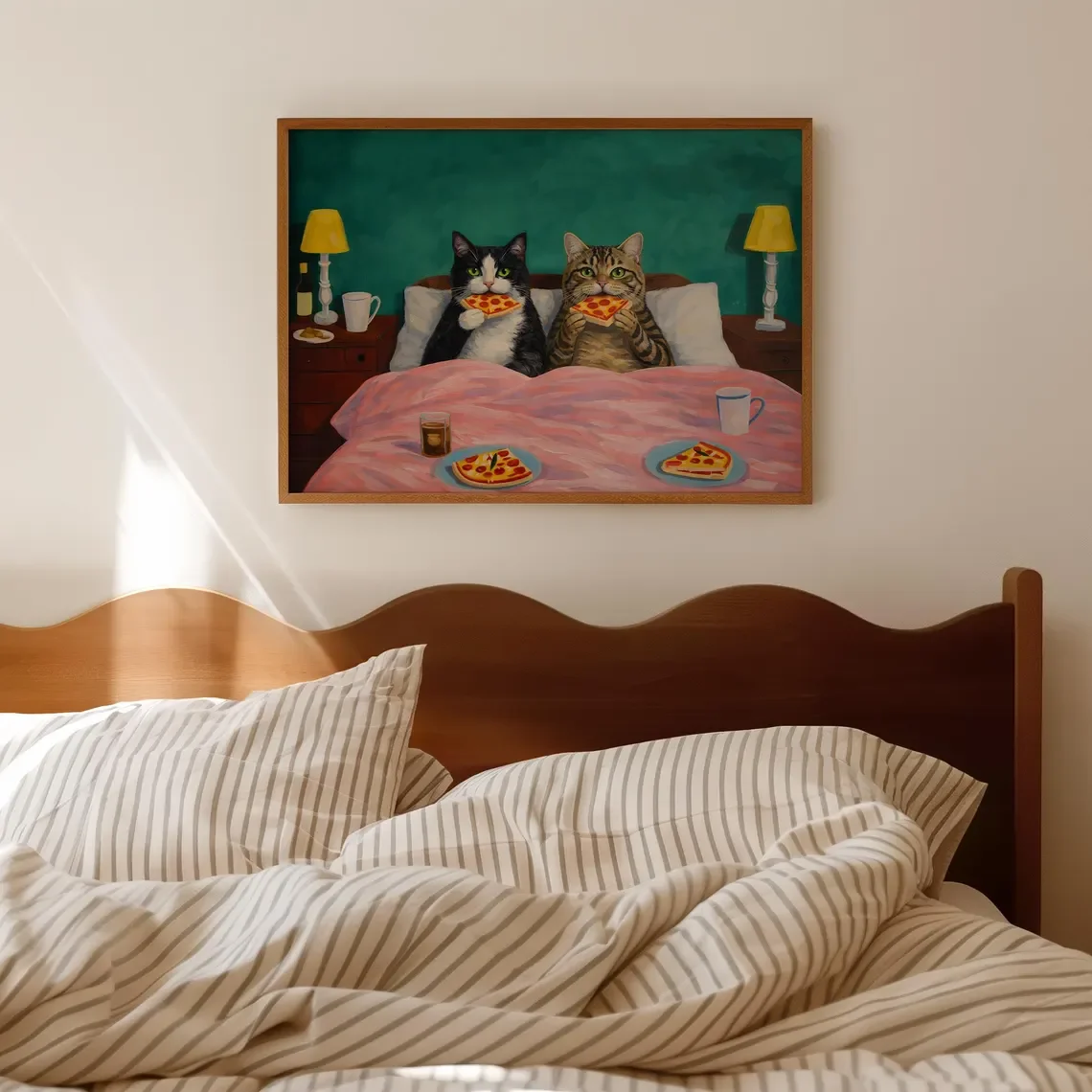 Cozy Pizza Night Cats Wall Art - Whimsical Print Celebrating Feline Comfort Food. The Rich Teal Backdrop and Soft Pink Bedding C image 6