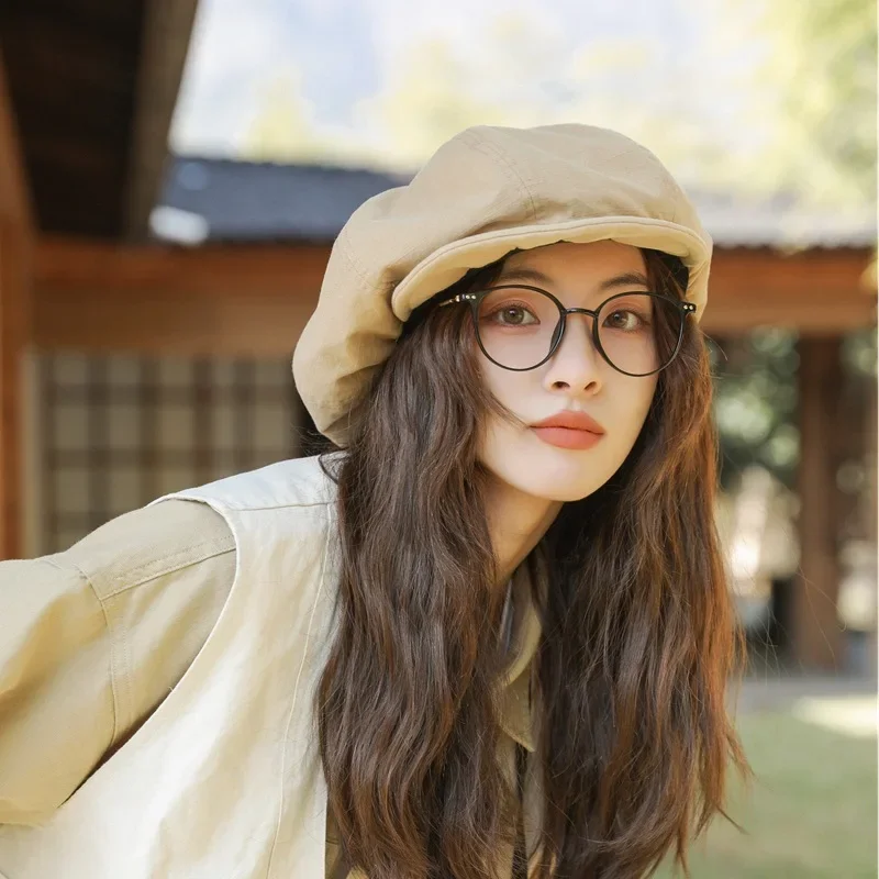 2023Japanese Simple Washed Cotton Solid Color Beret Women Spring and Summer Retro Literary Painter Newsboy Cloud Cap Gorras