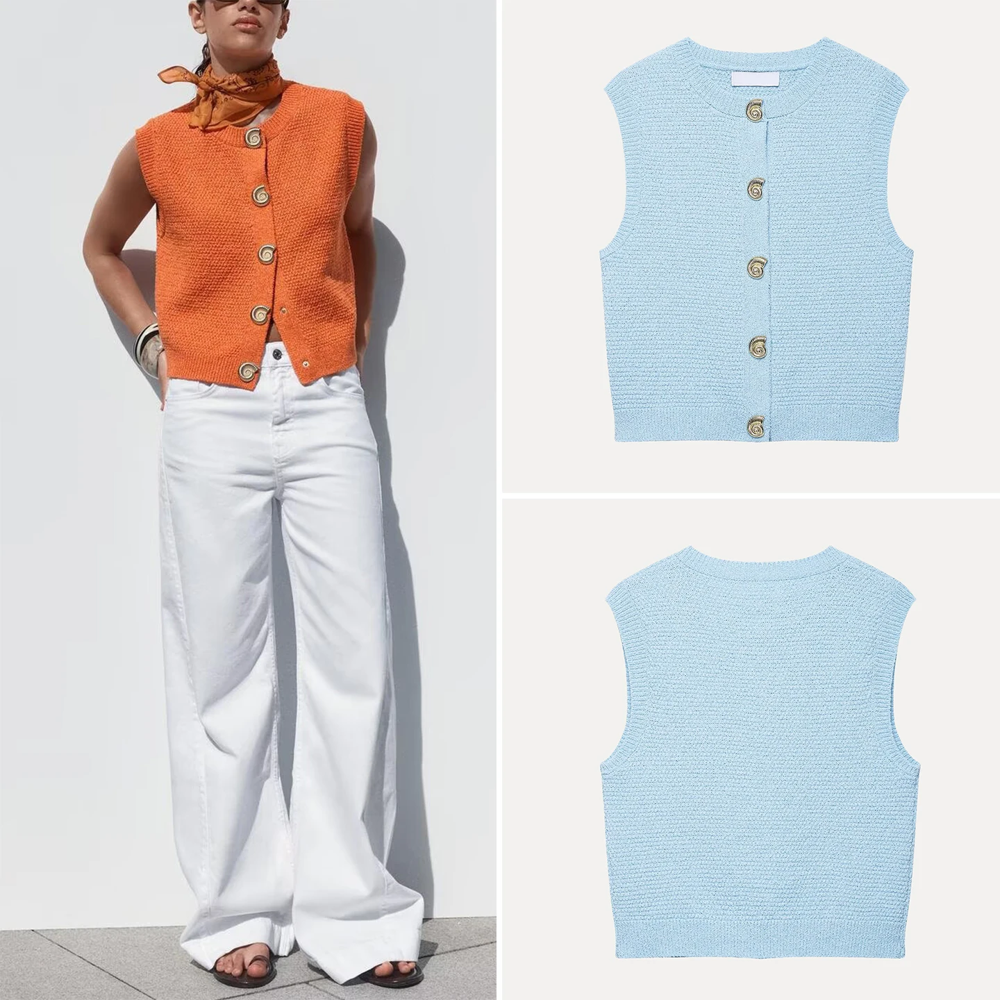 

2025 Summer New Women's Knitted Vest-Sle Animal ape Button up Top ort Length round Ne Polyester Fiber Z Street S...
