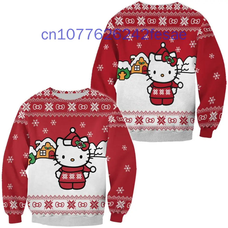 Nowy sweter świąteczny Hello Kitty z nadrukiem 3D Casual Street Y2K Męski i damski sweter z długim rękawem i okrągłym dekoltem