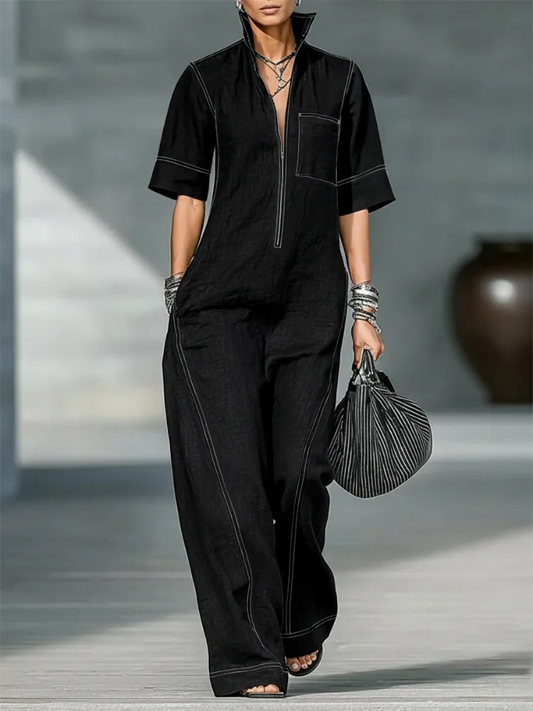 UOOZEE 2026 New Women's Fashion Streetwear Contrast Stitch Lapel Jumpsuit Loose Short Sleeve Pockets Solid Color Zipper Overalls