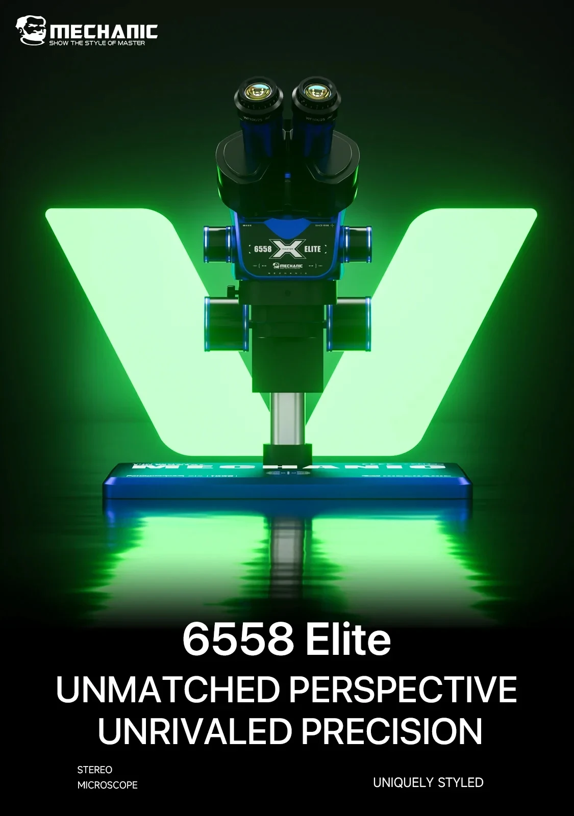 

MECHANIC 6558 Elite Trinocular Stereo Microscope, 6.5X-58X Zoom, 100mm Large Working Distance, for PCB Repair & Micro Soldering