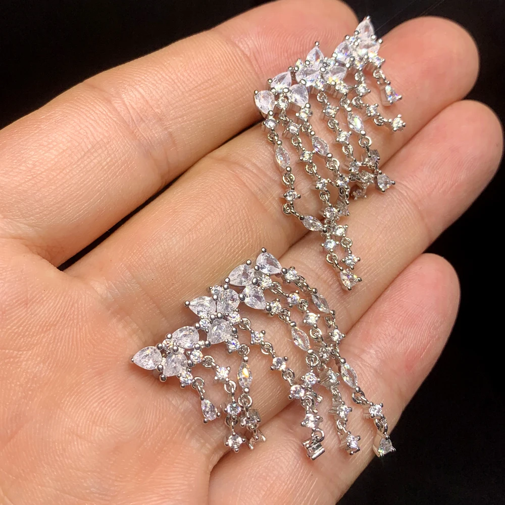Bling CZ Paved Luxury Shiny Cubic Zircon Tassel Water Drop Cluster Long Dangle Earrings for Women Bridal Wedding Party Jewelry